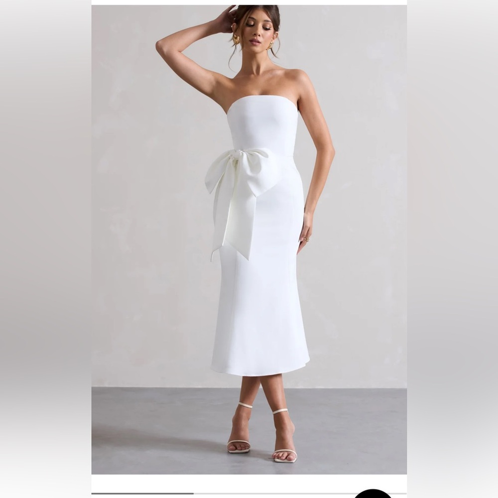 CLUB LONDON WHITE BANDEAU MIDI DRESS WITH OVERSIZED BOW